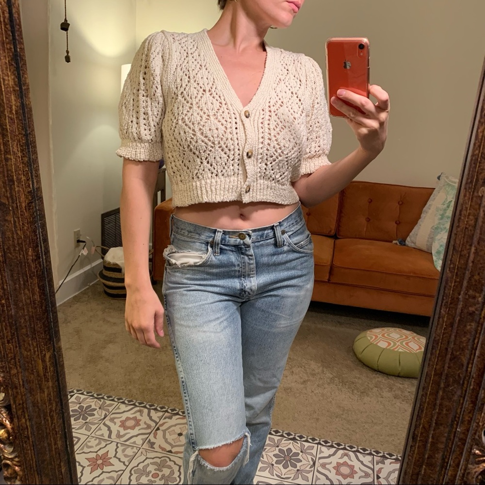 Zara NWT Pointelle Knit Jacket Ecru Crochet Open Knot Crop Sweater Top S